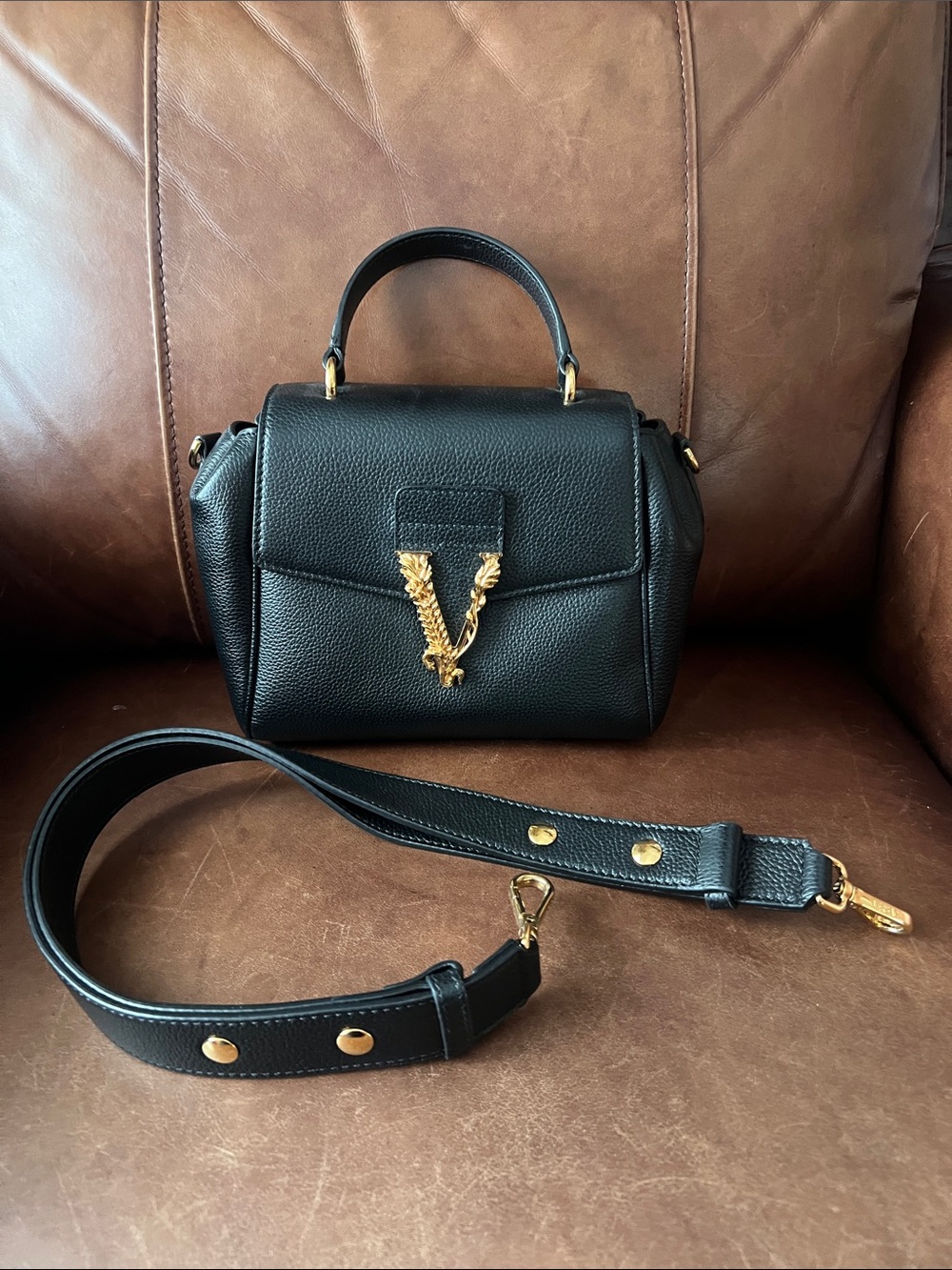 Versace Structured Black Top-Handle Satchel with Gold “Virtus” logo